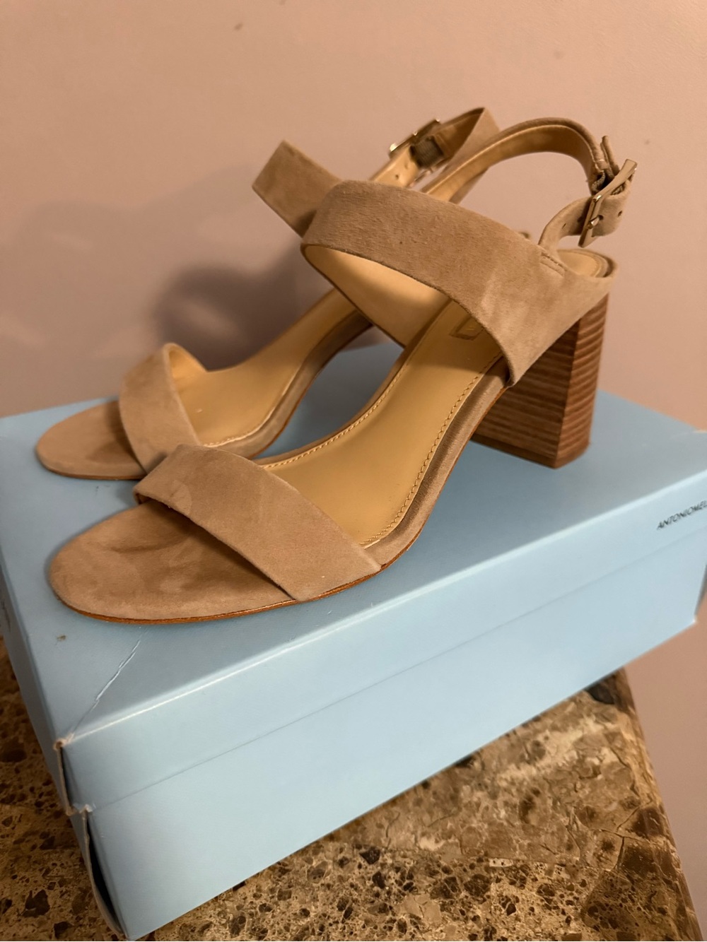 ANTONIO MELANI Suede Two-Strap Block Heel Sandals in Taupe